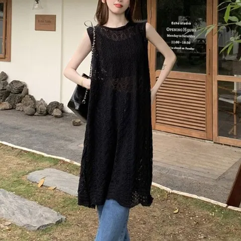 기타 여름시스루조끼 여성 시스루 레이어드 롱조끼 1P 뒷트임 민소매 여름 랩업