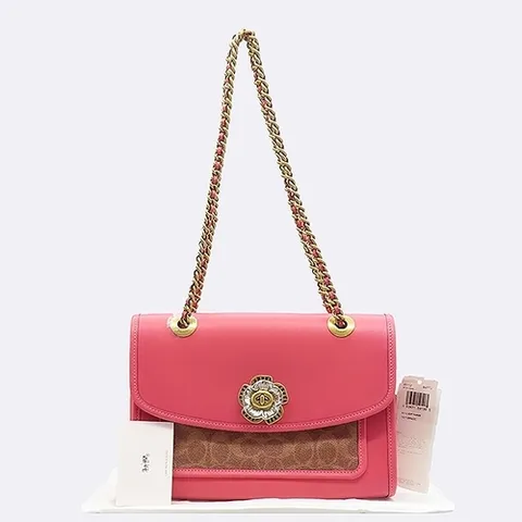 코치 고이비토 중고명품 Coach(코치) 89112 핑크 레더 플라워 플레이트 락 장식 파커 체인 숄더백