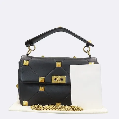 발렌티노 고이비토 중고명품  블랙 레더 금장 로만 스터드 가라바니 L사이즈 토트백 + 숄더스트랩