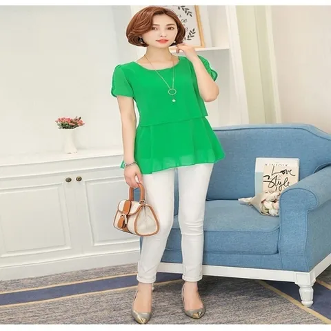 기타 여름블라우스 S7651 앞 이중 프릴 쉬폰 반팔 블라우스