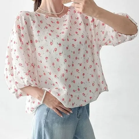 옷자락 여자 시어서커 여름 퍼프 빅사이즈 벌룬 체리 블라우스_P401534497