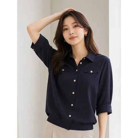 로질리 로질리][A] 밑단 밴딩 셔츠 블라우스 네이비