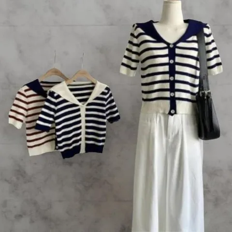 셀러허브 패션 여성 키치무드 스트라이프 세일러 반팔 가디건