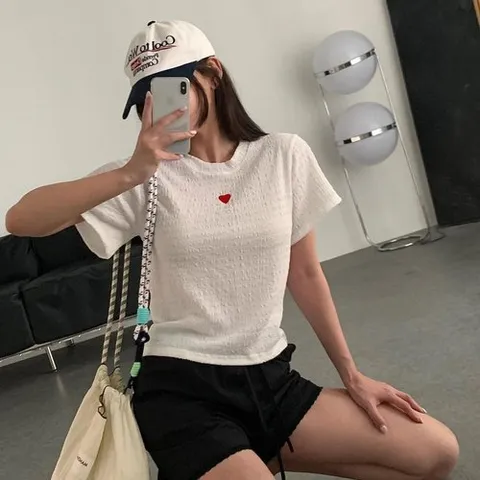 신상오픈런 |KST9386|여자 지지미 하트반팔티 라운드 세미크롭 여름 티셔츠