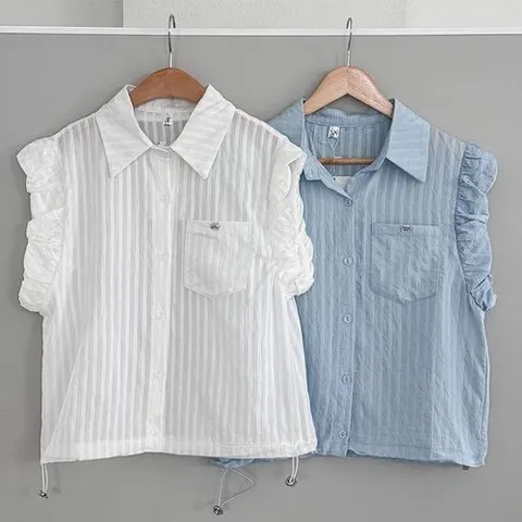 옷자락 여성 스트라이프 민소매 포켓 셔츠_P400495502