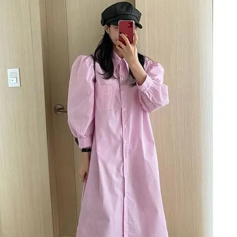 하젤 블라스 퍼프 스트라이프 롱셔츠 원피스F1385_P329808390