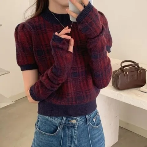 옷자락 여성용 클래식 배색 반팔 니트 세트_P410080649