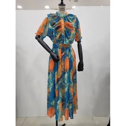 르니앤맥코이 르니앤맥코이]차이나넥 허리벨티드 패턴 프릴 포인트 쉬폰 롱 원피스 (ML09OP403HJY)US