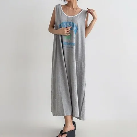 삐까삐까 빅사이즈 프린트 면100 캐주얼 민소매 롱 원피스 플레어핏_P394745690