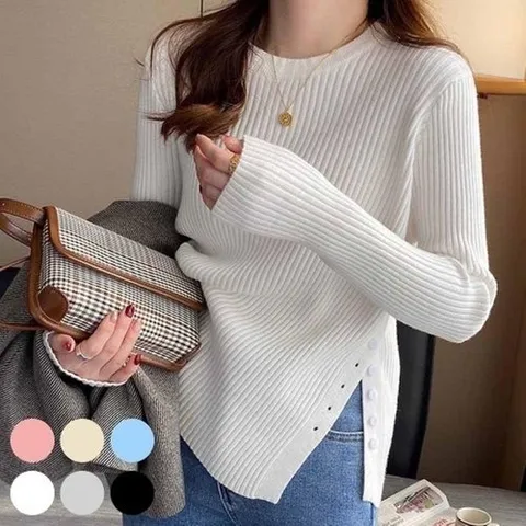 브이와이 VY] 여자 U넥 버튼 컷아웃 언발란스 골지소재 니트15265682588847