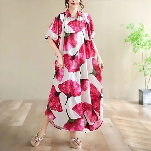 헬리꽁땡 55~88빅사이즈 플라워카라원피스 여성 긴팔 카라 셔츠 롱 남방 원피스 박시 루즈핏_P393315908