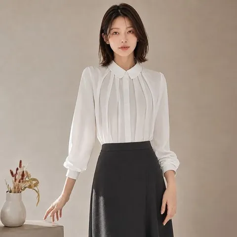커스텀에이블 둥근카라 주름 블라우스_T2508BL090C