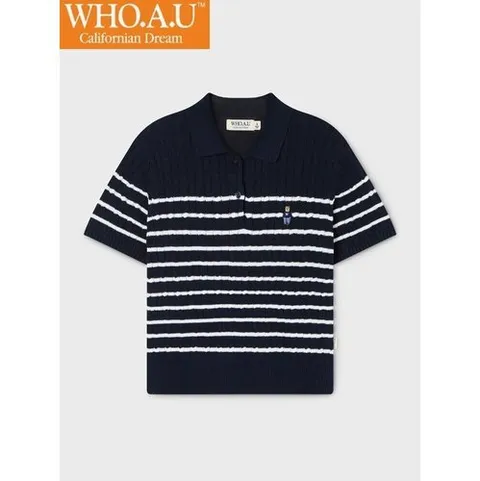 후아유 W.H.O Steve Collar Cable Short Sleeve Sweater(NAVY)-WHKAG2423FIC