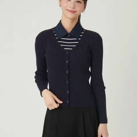 샤틴 스트레이프배색 카라탈착 니트가디건S244B967A25JK