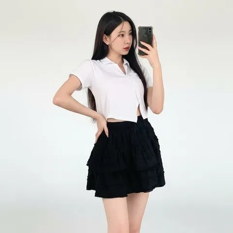 신상오픈런 |KHTA68D|여성 카라넥 골지 반팔 티셔츠 세미크롭 디자인
