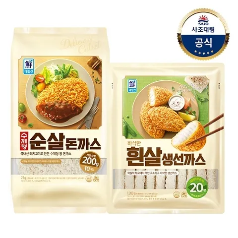 사조대림 [대림냉동] 수제형순살돈까스 2,000g x1개 +바삭한 흰살생선까스 1,200g x1개
