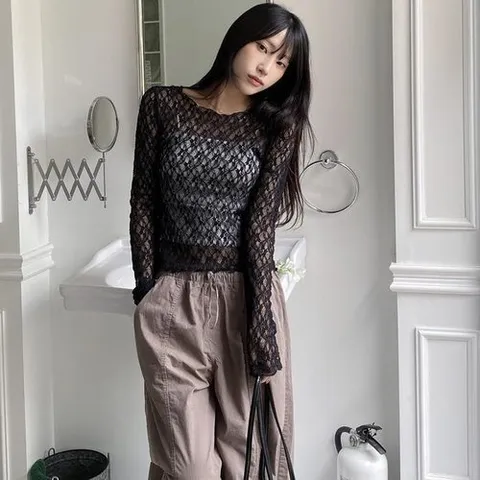 셀러허브 패션 여자 여름 시스루 망사 레이어드 티셔츠