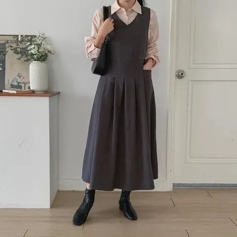 신상오픈런 브레일 긴원피스 레이어드 백리본 겨울하객 여성 주름디테일