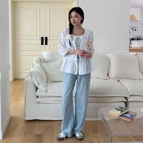 신상오픈런 KHH32E2여자 라운드넥 뒷트임 리본 루즈핏 블라우스18155857597559