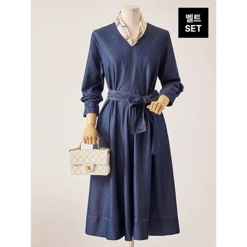 커스텀에이블 브이넥 데님 롱원피스 벨트세트T2602OP006A_P417553929