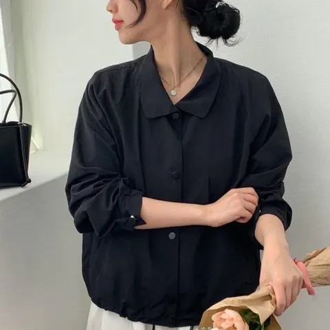 옷자락 여자 봄잠바 바스락 카라넥 윈드브레이커 드로우코드 단추 점퍼