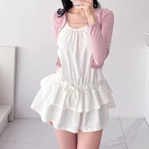 옷자락 여자 셔링 볼륨업 캉캉 프릴 민소매 미니 원피스_P391446042