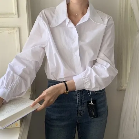 드레스날다 화려한하루 베이직 퍼프셔링 카라 코튼 블라우스