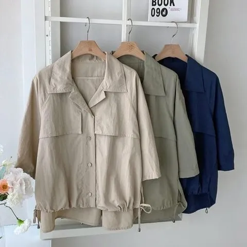 옷자락 여성 바스락 언발 스트링 반팔 카라넥 셔츠_P389018103