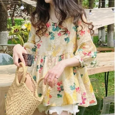 셀러허브 패션 여자 휴양지 밑단 플레어 린넨 블라우스