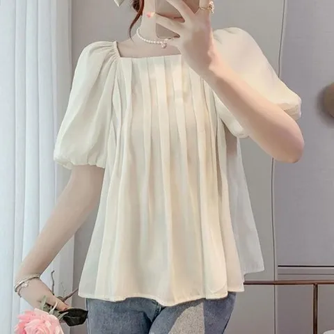 셀러허브 패션 [오노마] ONM 핀턱 스퀘어넥 블라우스 A라인핏 볼륨소매 어깨 밴딩 (10375113)