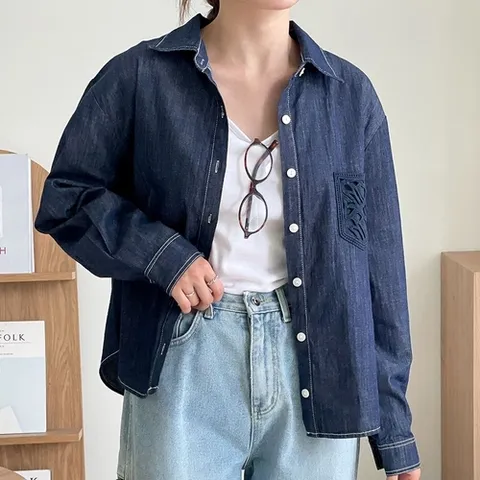옷자락 여자 플라워포켓 스티치 청남방 진청 카라넥 면 셔츠