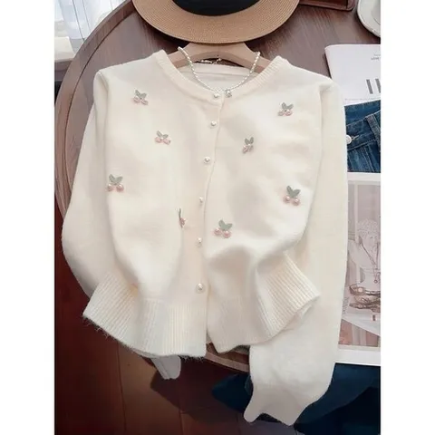 카라 KARRA 플라워 자수 퍼프소매 니트 가디건_P418723078