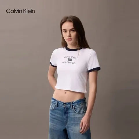 캘빈클라인 진 여성티셔츠 링거 레터링 크롭 반팔티 블랙_P413268945