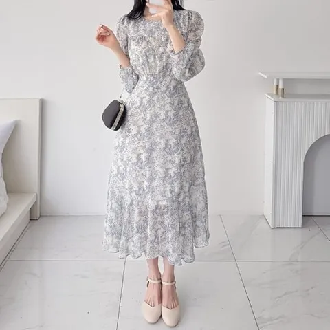 옷자락 여성 셔링 허리스트랩 꽃무늬 쉬폰 롱 원피스