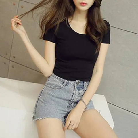 셀러허브 패션 [오노마] ONM 여자 솔리드 스타일 슬림핏 크롭 반팔 고품질 배꼽 무