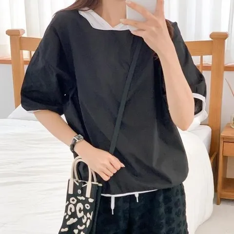 셀러허브 패션 여자 후드반팔티 시스루 코튼 티셔츠