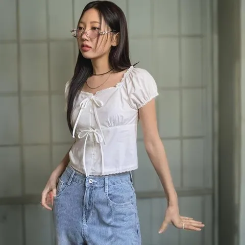 신상오픈런 |KHH3D6C|여성 프릴 리본 디자인 크롭 코튼 블라우스