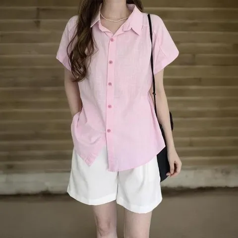 신상오픈런 |CHH3EF6|여성 오버핏 반팔 셔츠 코튼 무지컬러 클래식 남방