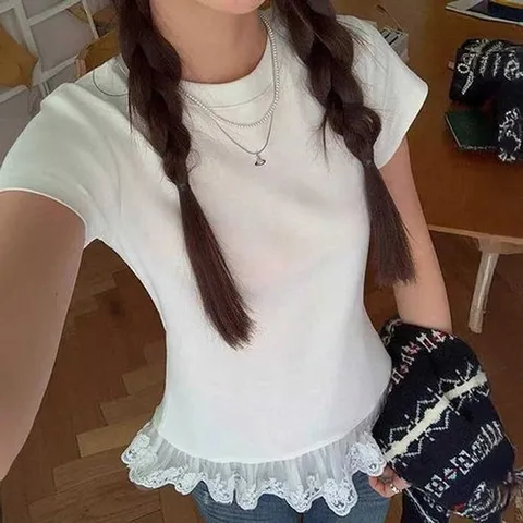 셀러허브 패션 [오노마] ONM 러블리 밑단 레이스 프릴 반팔 티셔츠 (40823082)
