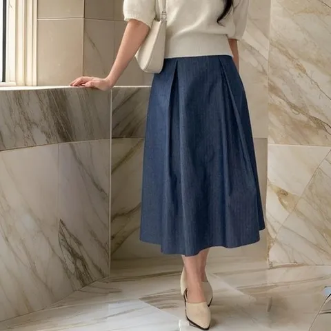 옷자락 여자 데님 코튼 롱 맞주름 뒷밴딩 스커트_P387863402