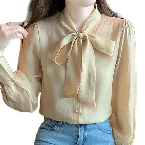 옷자락 여성 리본타이 하객룩 실키 샤인 보우 블라우스_P382186635
