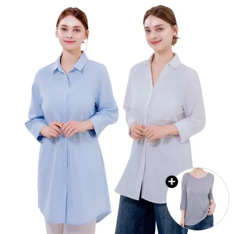 [보노보] 여성 루즈핏 린넨 롱 셔츠+루즈핏 베이직 티셔츠 세트..