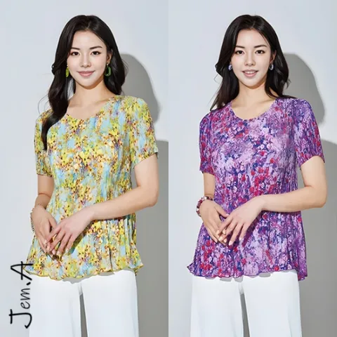 [젬마/Jem.A] 여성 쿨 반팔 플리츠 라운드 티