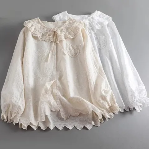 [애슬릿]여성 봄 면 레이스 리본 주머니 블라우스