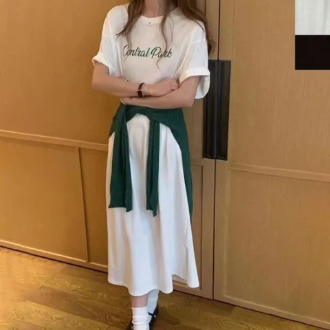 레터링 프린팅 롱 원피스 밑단 트임 편한