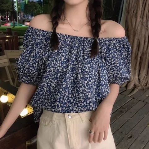 MNO 유니크 플라워패턴 레이디스스트랩 오프 숄더스트랩 드레스셔츠