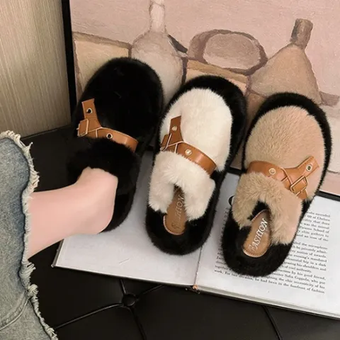 딥트 벨트 배색 퍼 슬리퍼