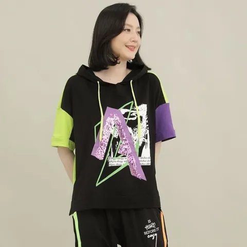 애비뉴투지 엄마옷 네온 블랙 후드 루즈핏 여성 여름 반팔 티셔츠 A08125..