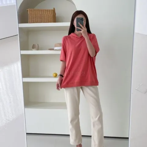 여자 여름 데일리 단색 후드 반팔티셔츠