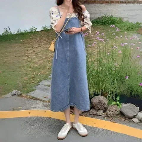 모노무드 여성 여름 데님 끈 원피스 청원피스 뷔스티에 롱